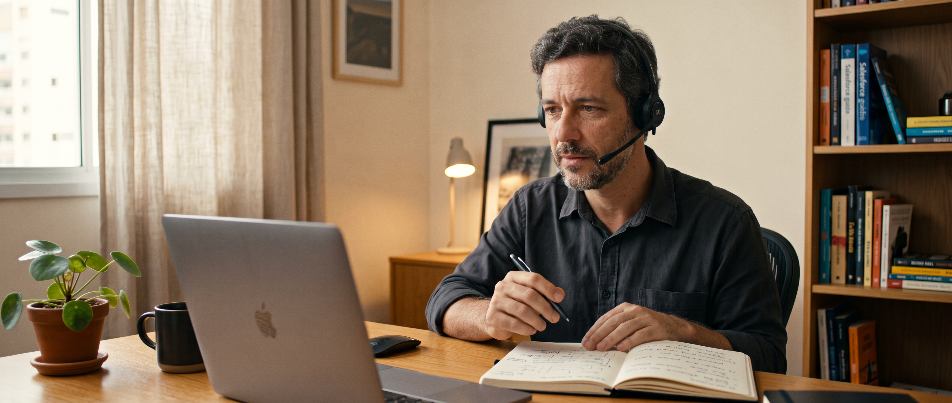 Professional wearing a headset, listening and taking notes at home.