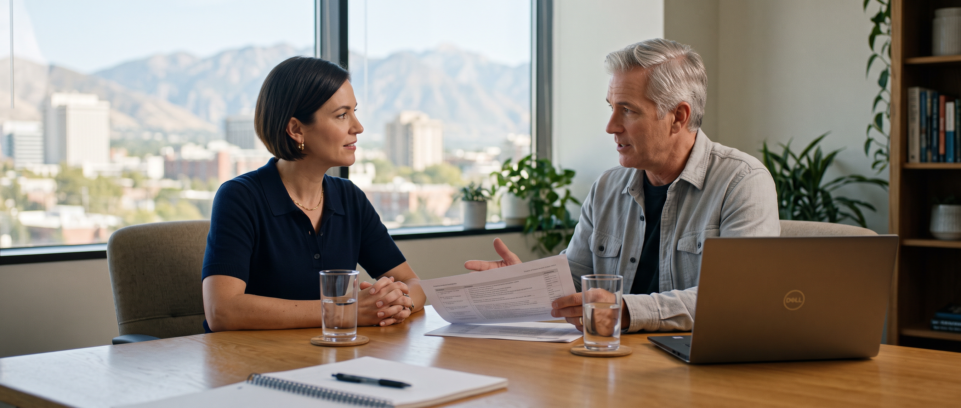 Two professionals discussing a project in a Salt Lake City workplace.